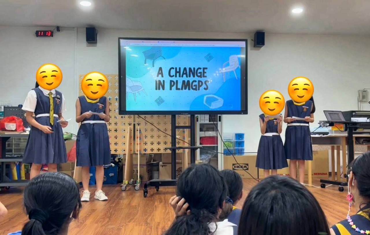 P5 Design Thinking and Presentation Skills Workshop at PLMGS, students presenting on a change they wish to see in their school