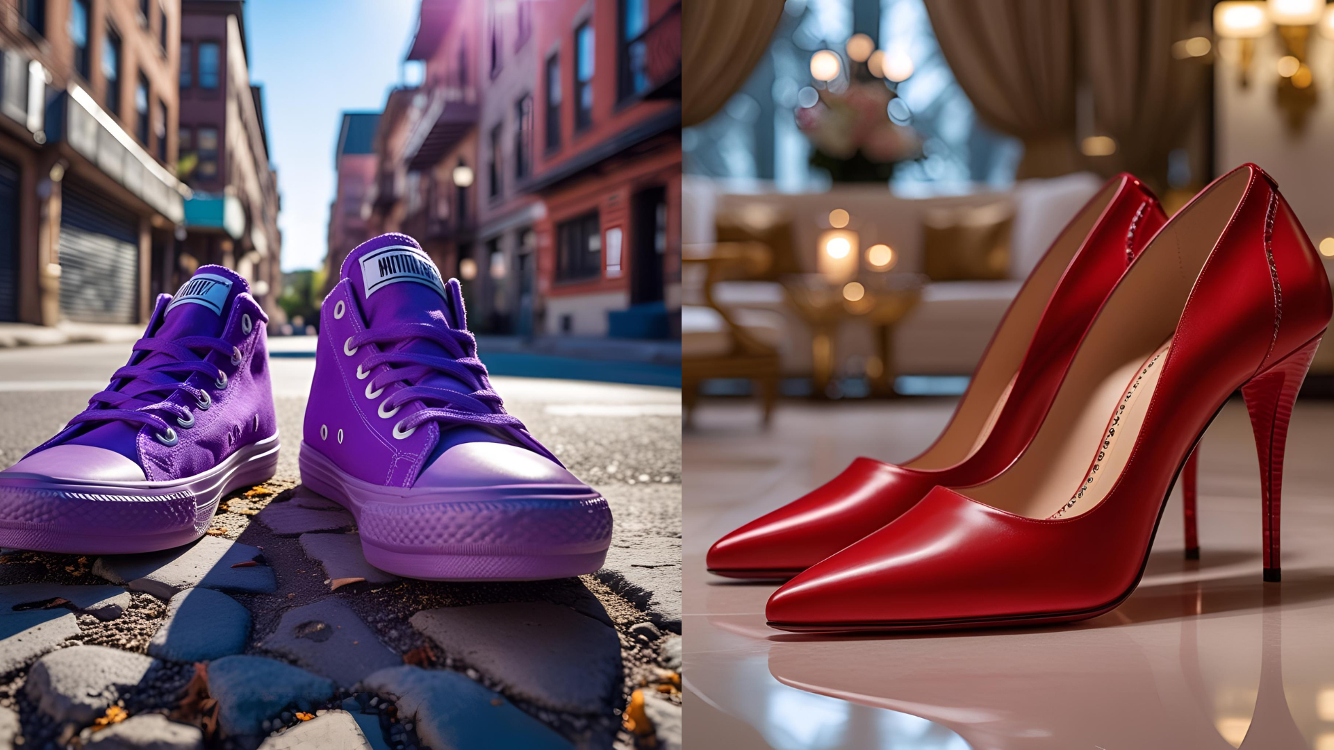 purple sneakers and red heels