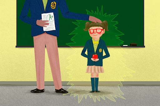 teacher's pet, a student standing in front of classroom receiving praise from the teacher